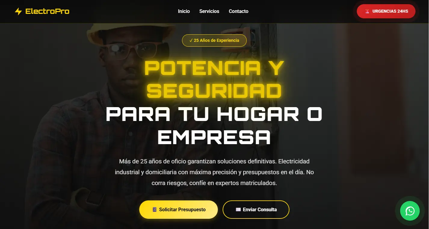 Sitio web para servicio de electricista matriculado, instalaciones hogareñas e industriales